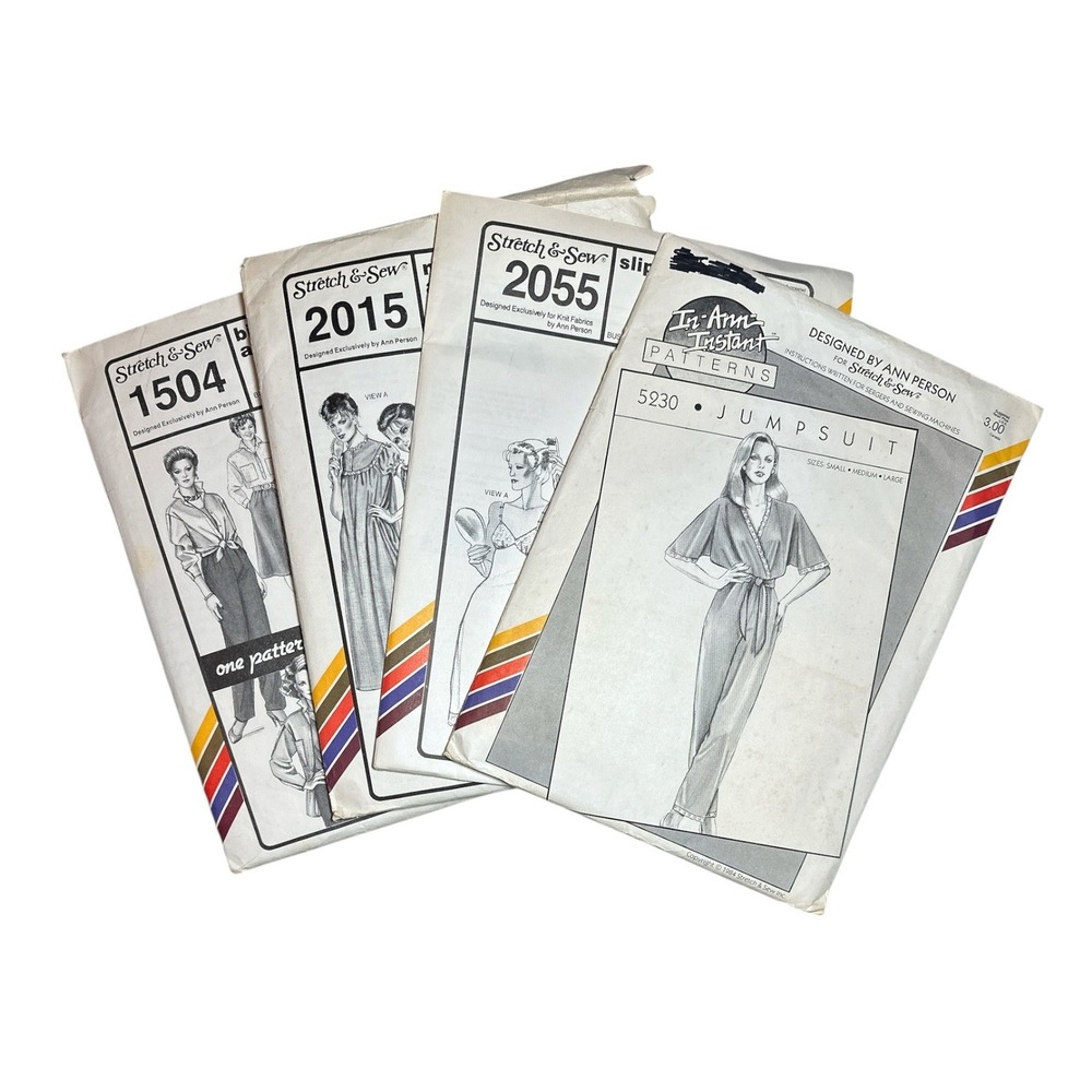 Vintage 80s x 4 Stretch & Sew Uncut Patterns Jumpsuit Dress Slips Nightgown/Robe
